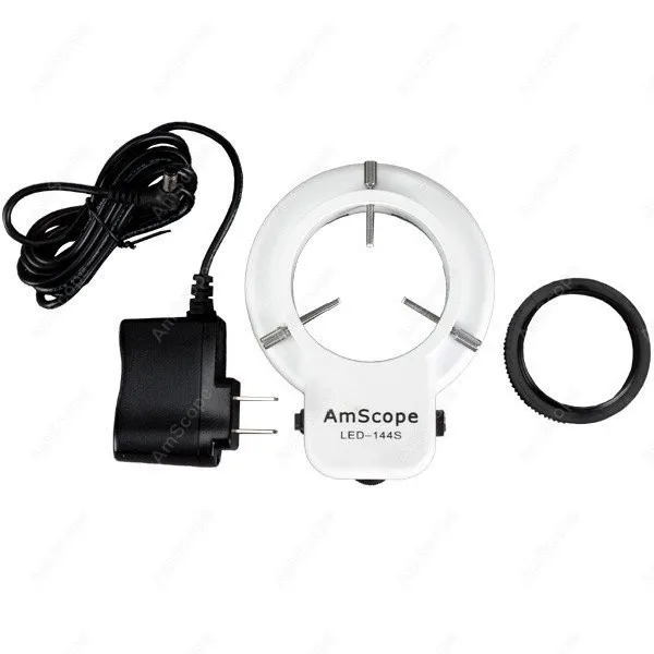 AmScope SM-7 Series Binocular Zoom Microscope 3.5X-90X on Articulating Stand+ Base Plate and 144-LED Ring Light