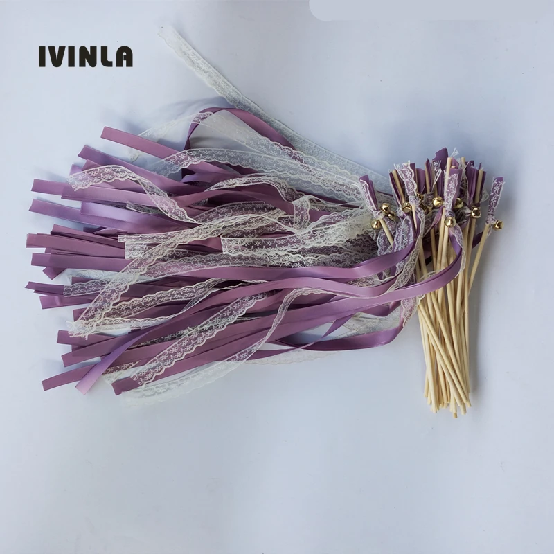 

50Pcs/Lot Purple lace wedding wands with gold bell for wedding decoration