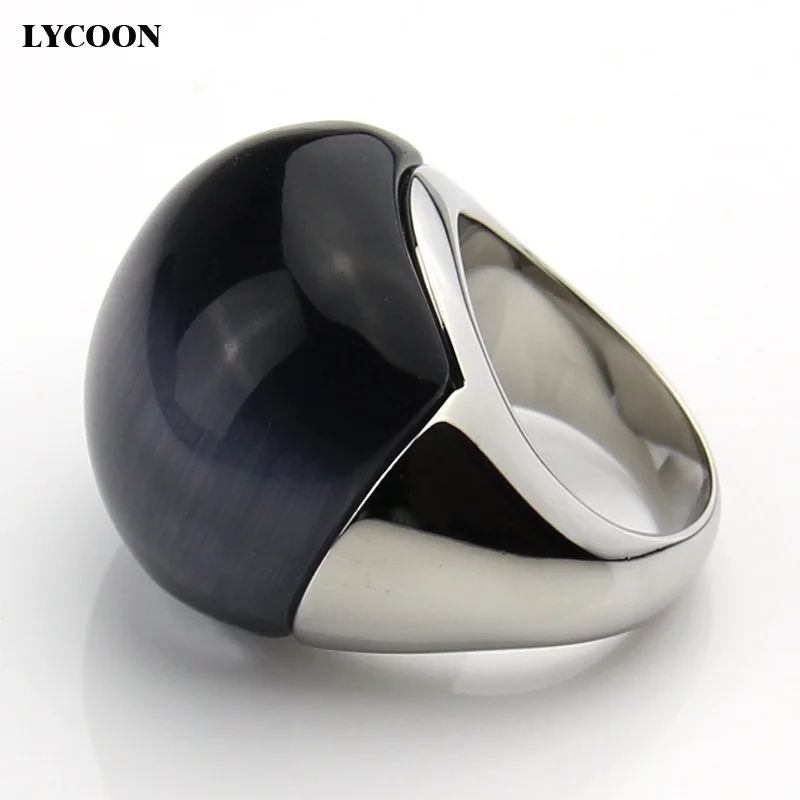 LYCOON Fashion 100% satisfied big natural Cat\'s eyes stone round ball Rings 316L Stainless steel Grey opal stone ring for women