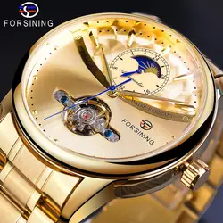 Forsining Automatic Self-Wind Male Watch Golden Dial Stainless Steel Casual Moonphase Gold Mechanical Tourbillon Men Clock Reloj