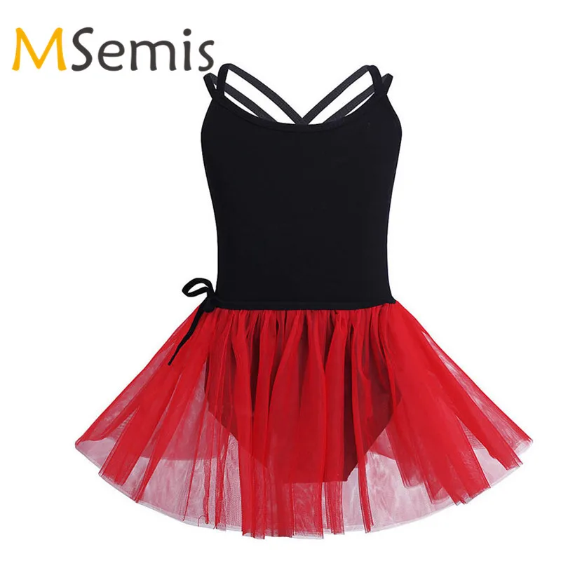 Kids Girls Ballet Dress with Mesh Tied Skirt Outfit Set Spaghetti Straps Criss Cross Gymnastics Ballet Dance Ballerina Leotard