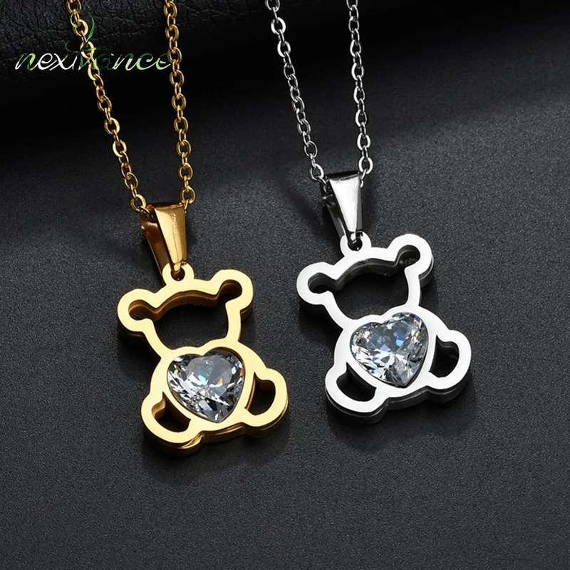 Nextvance Love Cartoon Bear Stainless Steel Pendant Necklace AAA Cubic Zircon Heart Necklaces for Women Men Gift Bijoux