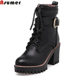 Asumer 2022 NEW women boots black wine red zipper lace up buckle ankle boots square high heels autumn winter shoe platform boots