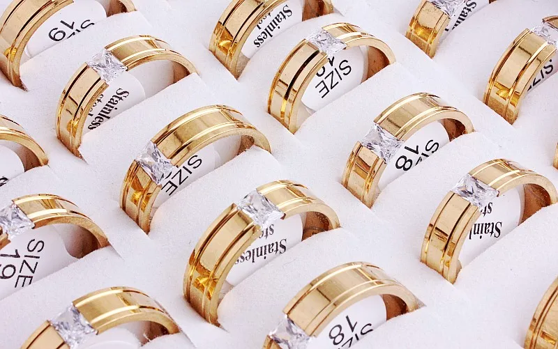 Wholesale 5Pcs 6MM Gothic 316L Stainless Steel Crystal Rhinestone Golden Ring School Birthday Men Women Wedding Valentine Gift