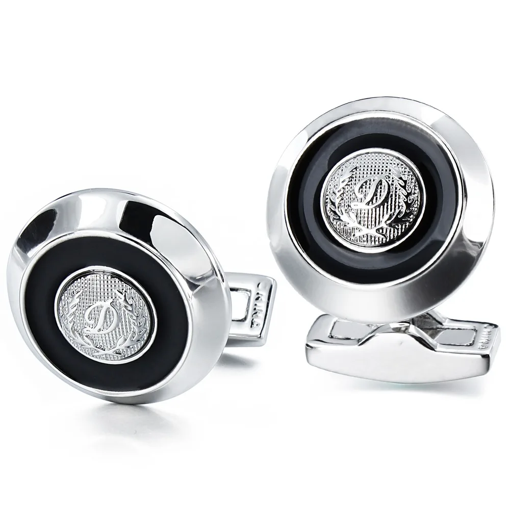 HAWSON ”D“ Initial Cufflinks for men, Fashion Round Black Enamel Cufflinks for Men Shirt Wedding Jewelry or Accessories