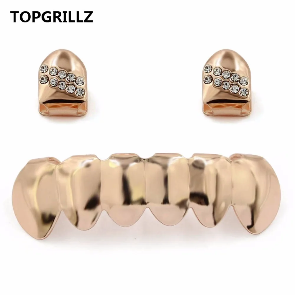 TOPGRILLZ Hip Hop Grillz Yellow Gold Color Plated  2 Single Top Teeth Grillz Caps With CZ Stone Tooth Grills & Classic Bottom