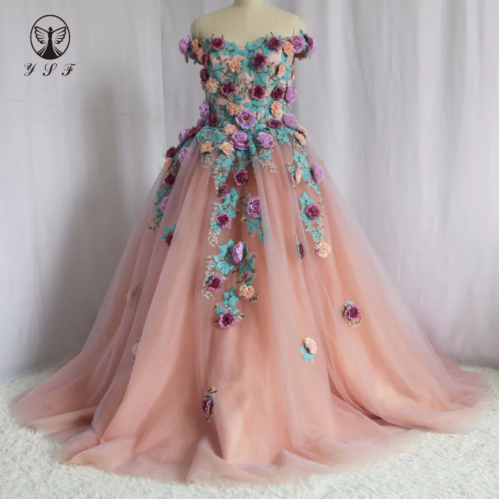 Vestido de baile de princesa de manga corta con apliques de flores en 3D, hombros descubiertos de diseñador, vestido de baile de graduación