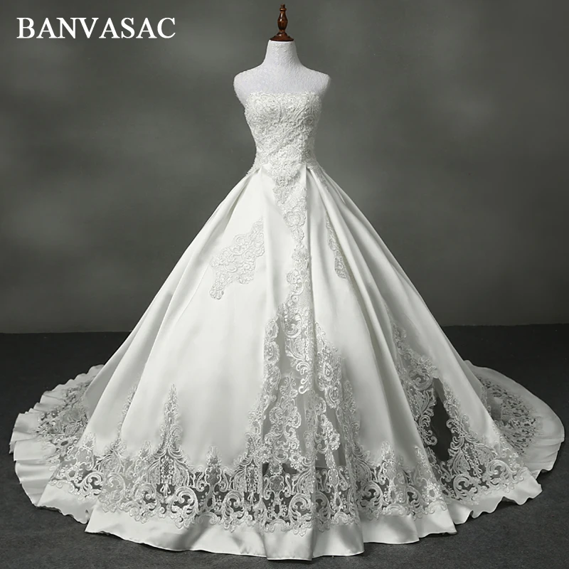 

BANVASAC Strapless Beadings Ball Gown Wedding Dresses Real Photos Appliques Embroidery Court Train Bridal Gowns