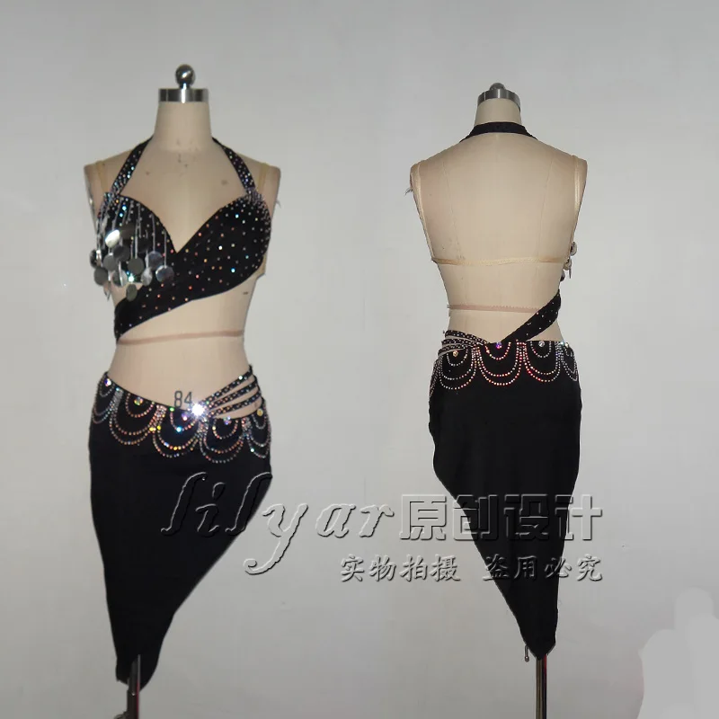 New Belly Dance Costume competition costume performance clothes inspire black sequins tassels can be customized