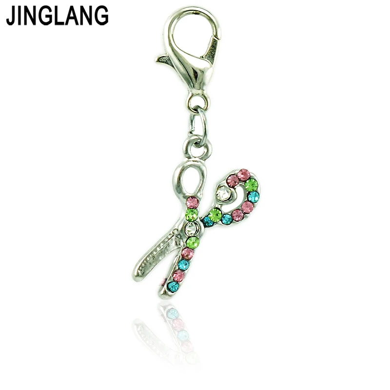 

JINGLANG Wholesale Scissors Charm With Lobster Clasp Multicolor Rhinestone Pendants DIY Charms For Jewelry Making Accessories