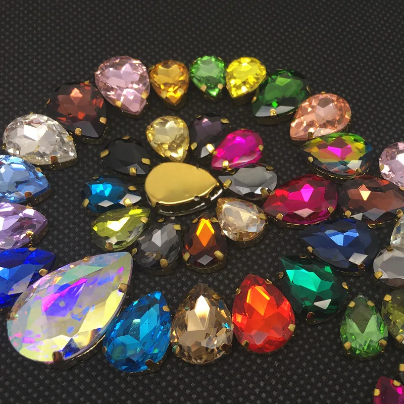 Pear 7x10,10x14,13x18,18x25,20x30 mm glass Crystal In Gold claw many colors tear drop Sew on rhinestone beads wedding dress diy