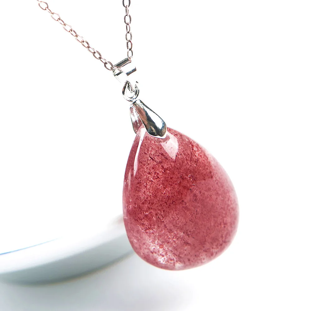 

Natural Red Strawberry Quartz Pendant Necklace For Women Lady Men Gift Lucky Crystal Stone 24x16mm Beads Silver Chains AAAAA