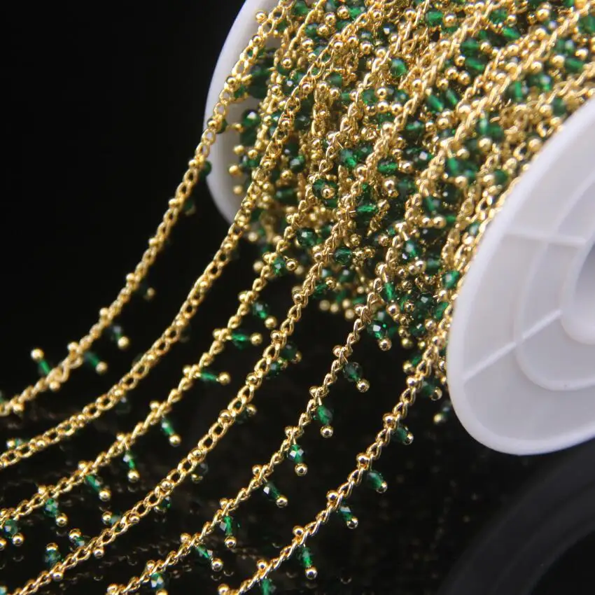 

5Meter 2mm Green Spinel Faceted Round Beads Rosary Chain,Gold Color Wire Wrapped Green Agates Crystal Bracelet Sweater Chains