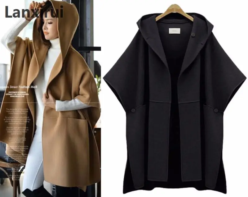 

Woman Hooded Cloak Batwing Sleeve Woolen Cape Overcoat Large Size Women Loose Woolen Coats Lady Winter Fashion Poncho