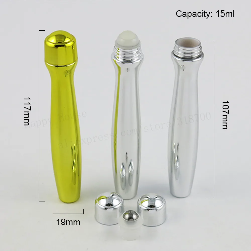 360 x 15ml Sliver Gold UV Plasted Eye Cream Roll on Bottle With Steel Bead Glass Ball Cosmetic Eye Essence Packing Roller Bottle