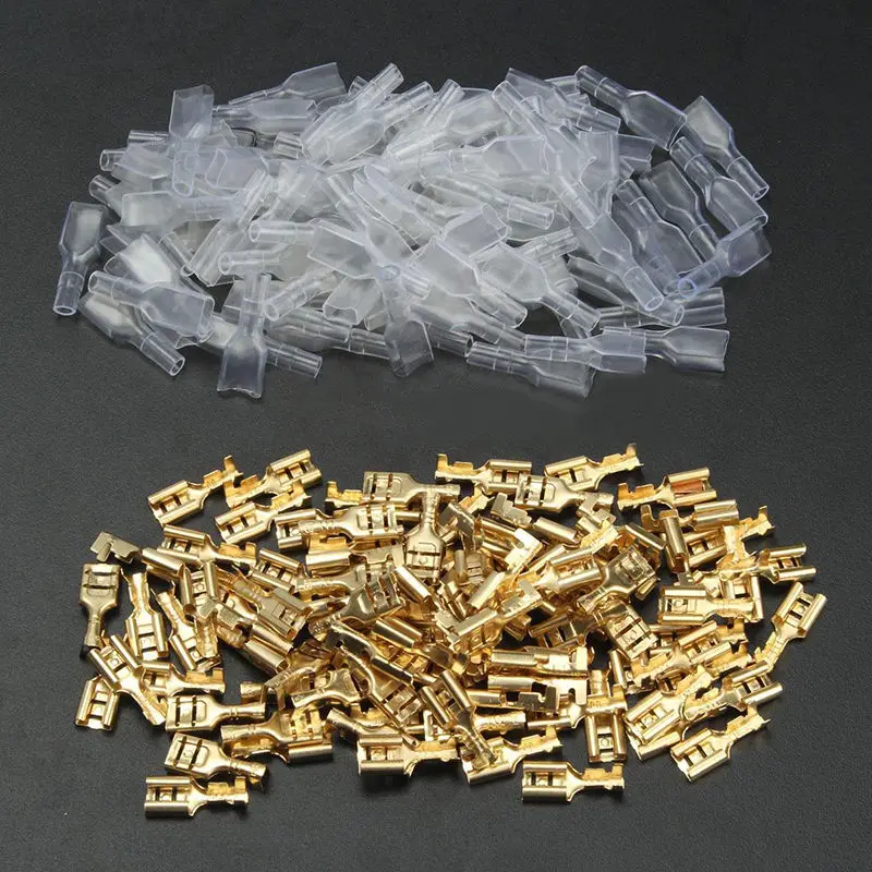 200pcs/Set 100 Pairs 6.3mm Crimp Terminals Female Spade Connectors & Insulating Sleeve For Wire AWG 22-16 0.5mm2-1.5mm2