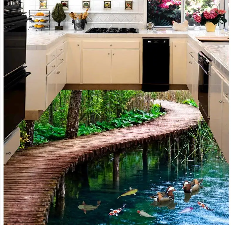 

Modern Custom 3D Floor Bridge Water Bathroom 3D Floor Three-dimensional Painting Self-adhesive PVC Wallpaper 3D Floor