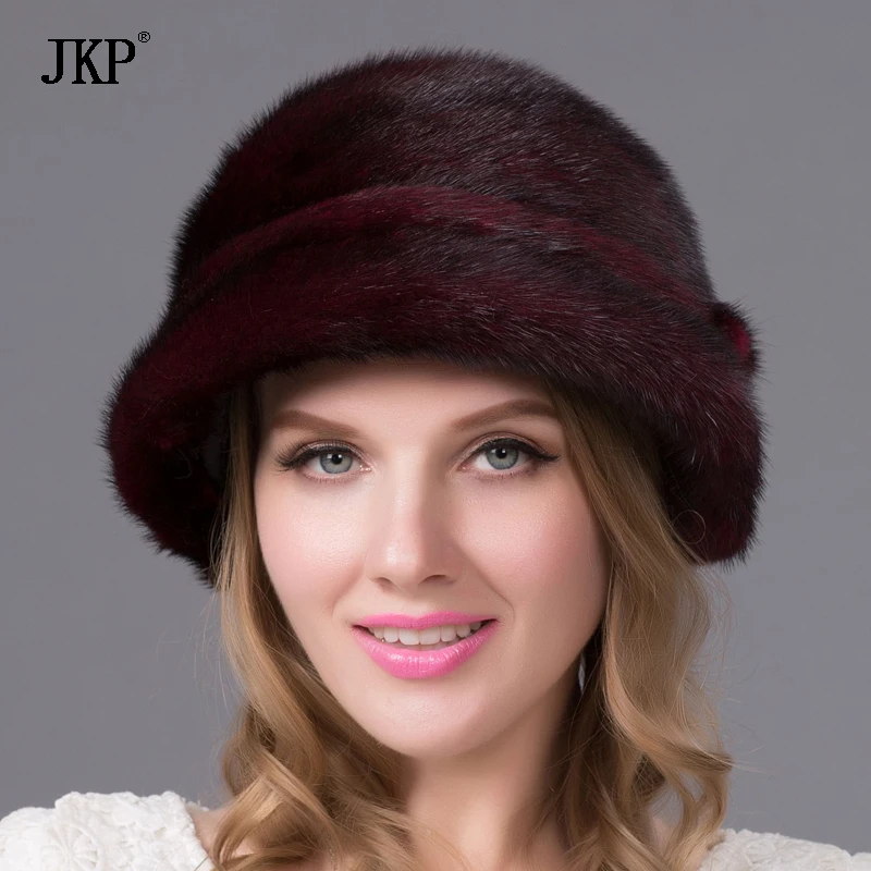 JKP 100% Real Natural Whole Fur Mink Fur Women Winter Fashion Flower Pot Baseball Cap Warm Ear Cap Ladies Winter Earflap Caps