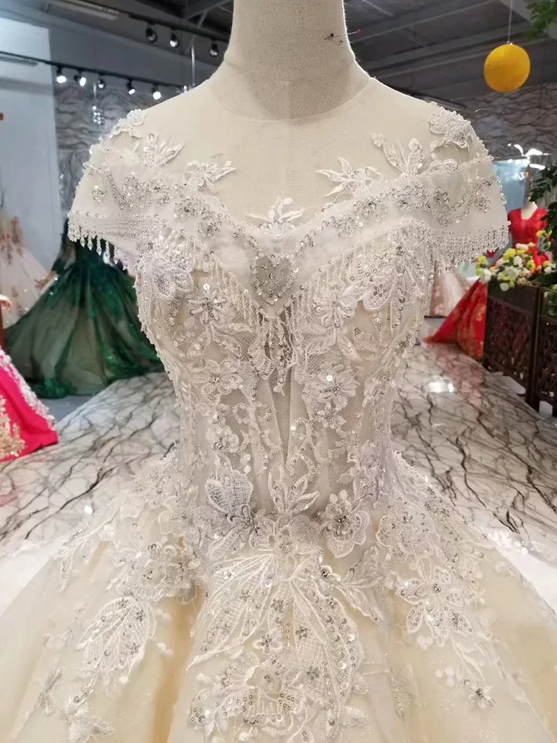 100% Real Photo Luxury Wedding Dresses Ball Gown Tulle Champagne Lace Crystal Beaded Big Train Bridal Gowns 2021 New LO06