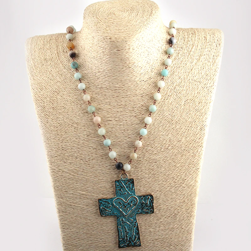 Fashion Bohemian Tribal Artisan Jewelry Amazonite Stones Bead with Moon Star, Cross, Cactus Charm Pendant Lady Necklace