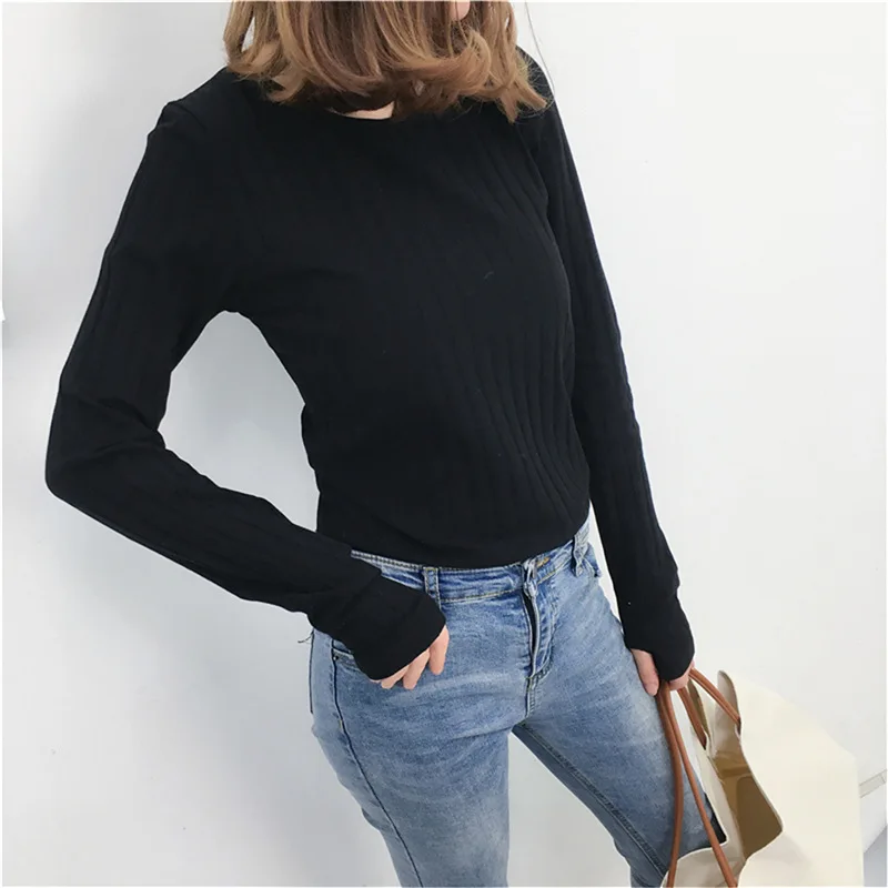 Basic Cotton Ribbed Tops Tees With Thumb Hole Women Long Sleeve Tee Shirts Essential Layering T Shirt Femme S,M,L