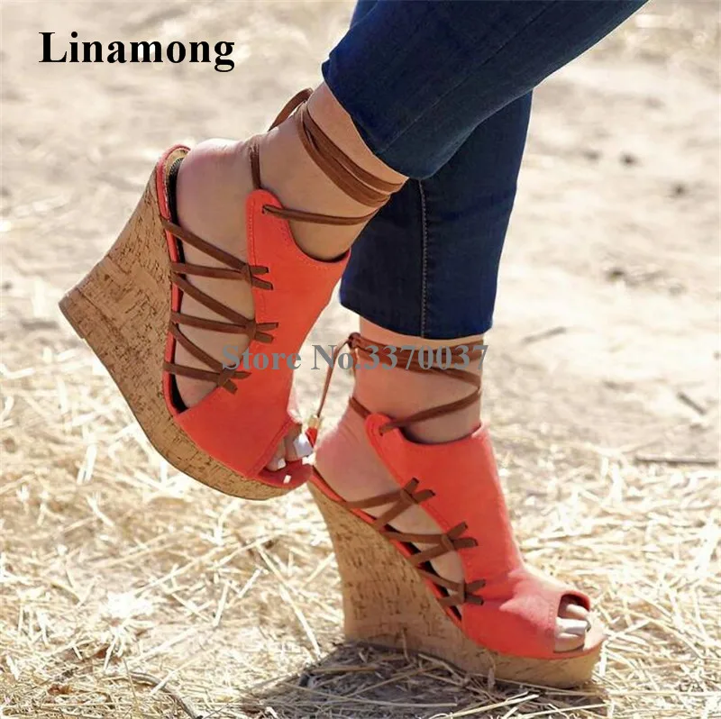 Summer Ladies Cute Peep Toe Suede Leather High Platform Wedge Sandals Lace-up Orange Blue Cut-out Height Increased Wedge Sandal