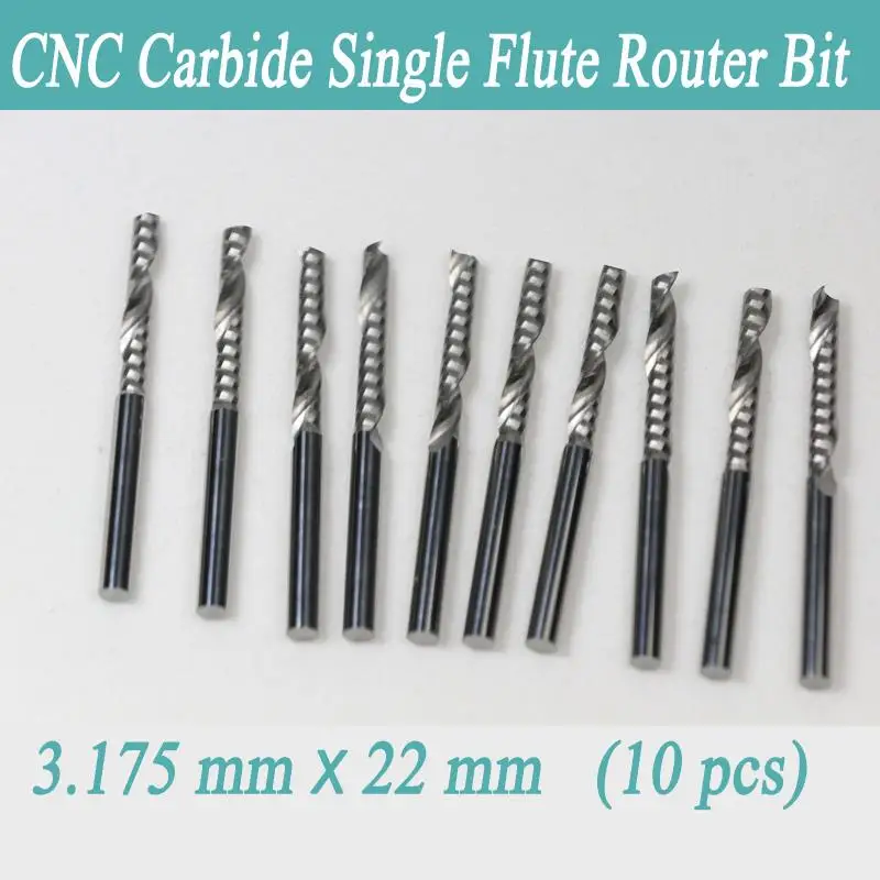 New 10PCS 3.175 X 22mm Single flute carbide Engraving CNC router Spiral bit Tool Cutting Acrylic Pvc Wood