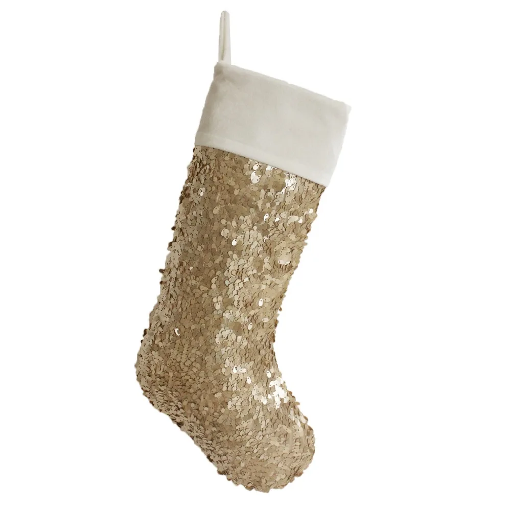 Free shipping Decoration Sequin Glitter body Christmas stocking with velvet cuff Gold P4641