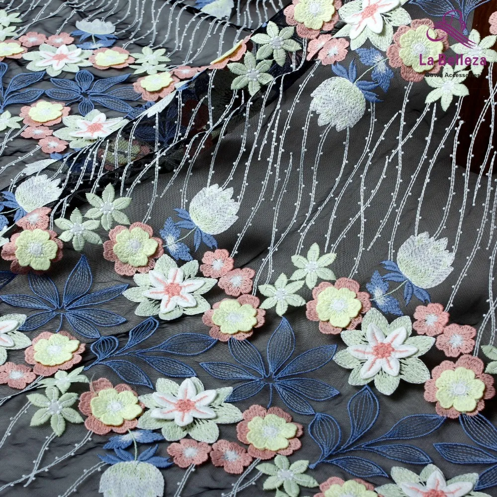 New fashion good quality mixed color with 3d lace flowers on black mesh vintage lace fabric by yard 130cm width