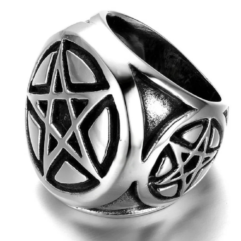 Men\'s Silver color Pentacle Pentagram Star Stainless Steel Biker Ring