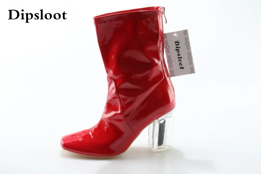 

New Womens Boots Patent Leather Red Short Boots Sexy Fashion Pointed Toe Back Zipper High Heels Mid Calf Boots Womens Shoes