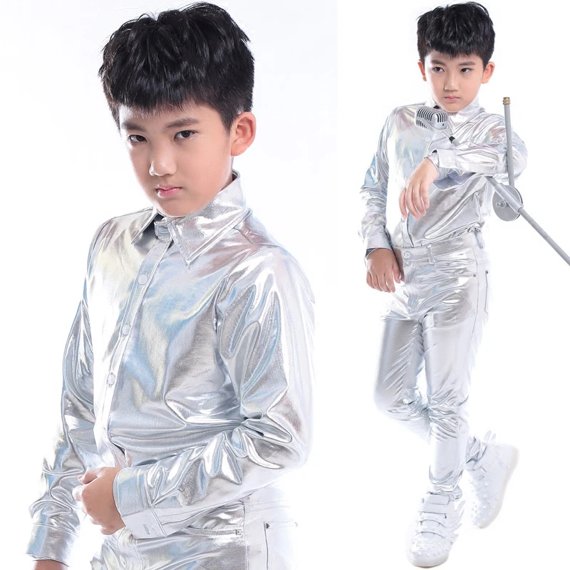 2019 Jazz Dance Costumes Boys Silver Lacquered Leather Shirt Pants Set Children Street Clothes Hip Hop Stage Outfits DNV11071