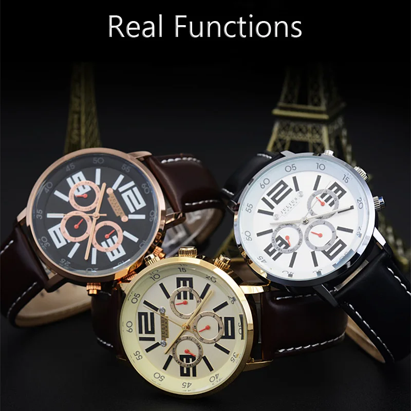 Real Multi-function Julius Men's Watch Japan Quartz Hours Fashion Retro Sport Clock Real Leather Boy's Birthday Gift No Box