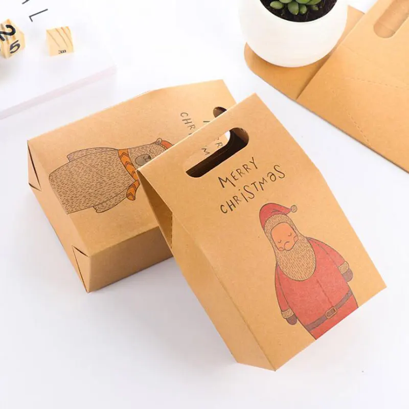 3pcs Kraft Paper Candy Box Christmas Gift Packaging Handbag Zakka Craft Bakery Cookies Biscuits Package Bags Xmas Party Favors