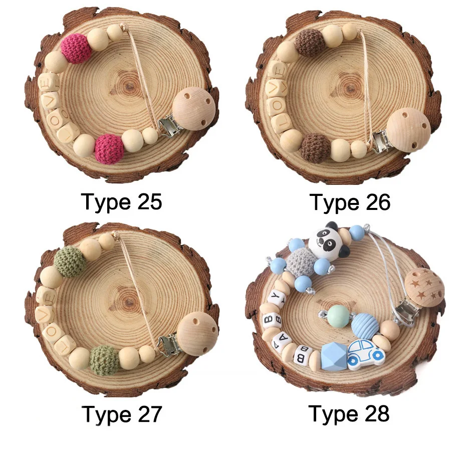 Beech Wooden Pacifier Chains Personalized Name Handmade DIY Teething Chain Baby Teether Dummy Clip Crochet Bead Children Product