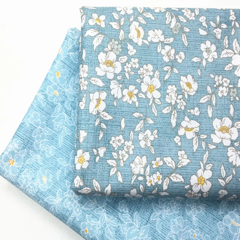 100x160cm Graceful Blue All Over White Blooming Flowers Printed Cotton Fabric Floral Fabric For DIY Sewing Quilting Decoration