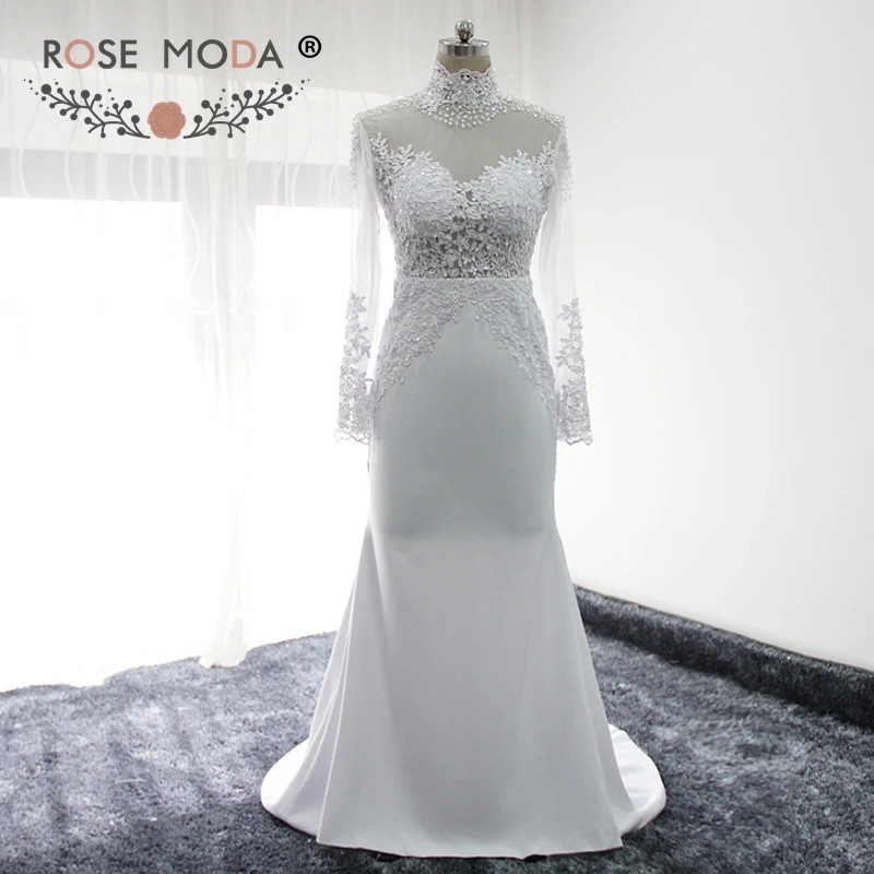 Rose Moda High Neck Long Sleeves Wedding Dress with Cut Out Back Real Photos