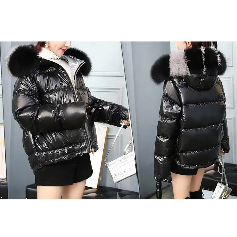 Maomaokong Natural Fox Fur Collar Loose Short Down Coat Sliver White Duck Winter Jacke Park