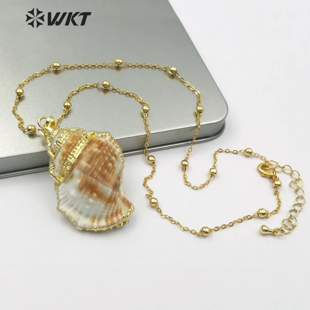 

WT-JN072 Sea Shell Necklace Natural Trumpet Shell Gold Trim Pendant With Bead Chain Women Fashion Necklace Summer Beach Jewelry