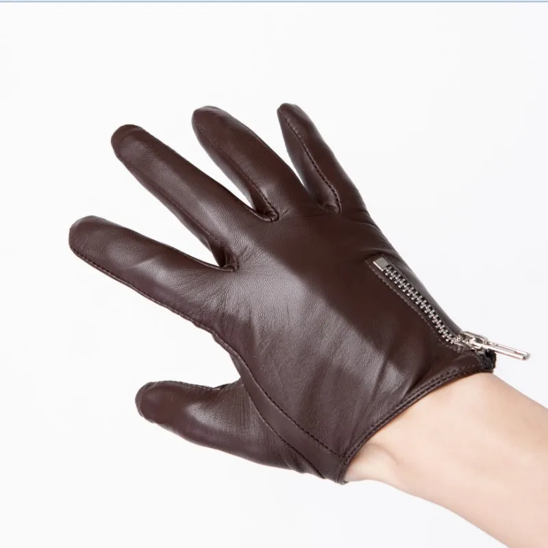 Men\'s Genuine Leather Gloves fashion classic short side zipper style Real Sheepskin Black Touch Screen Winter Warm