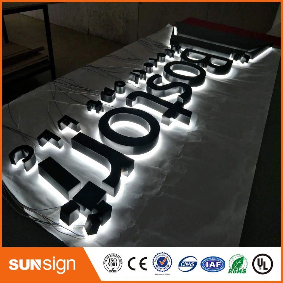 Stainless steel channel letter backlit LED illuminated shop sign