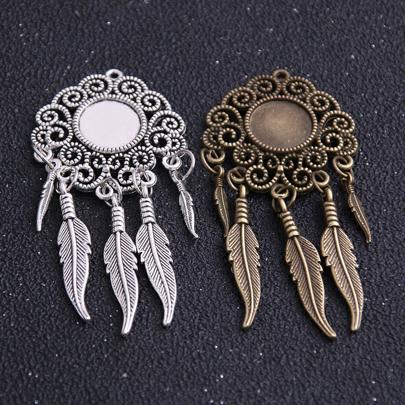 12mm 2pcs Alloy Two Color Vintage Tree Leaf Feather Wings Fame Style Round Cabochon Necklace Pendant For Diy Make