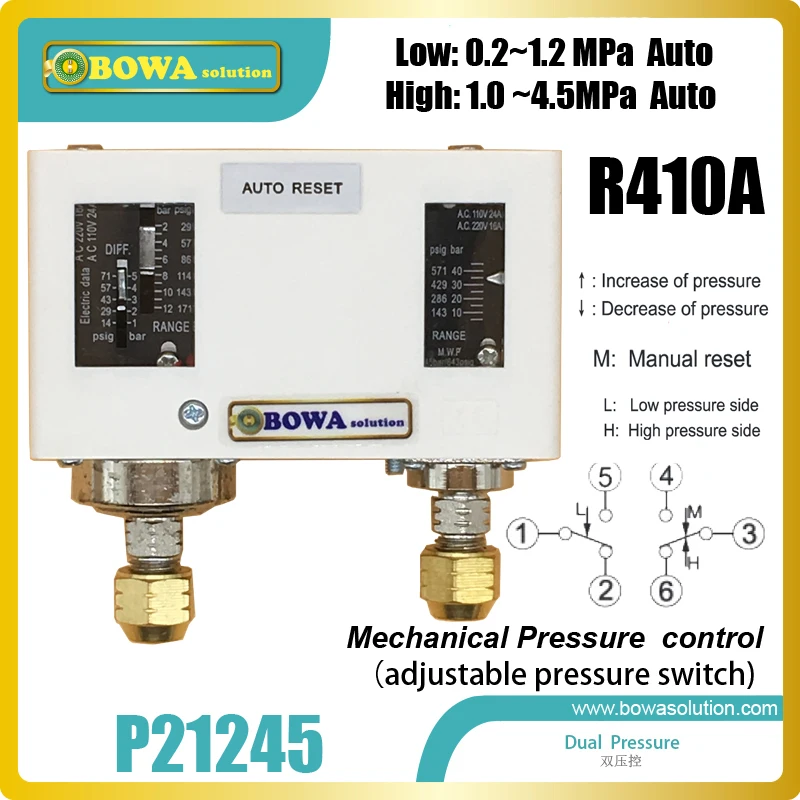 45bar 오토리셋 이중 압력 제어는 온수기 건조기와 같은 히트 펌프 장비의 R410a 압축기를 보호하는 데 사용됨