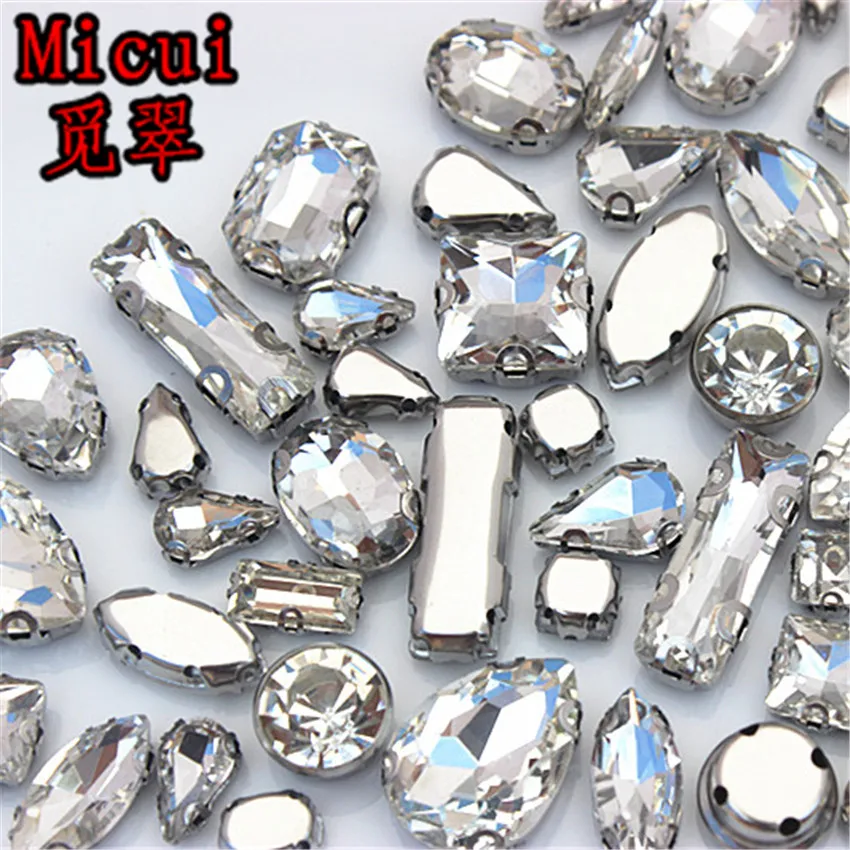 Micui 30pcs Mixed Shape Crystal Glass Stainless Steel Claw Rhinestone Clothing Applique Stones Flat Back Sew on For Dress MC149