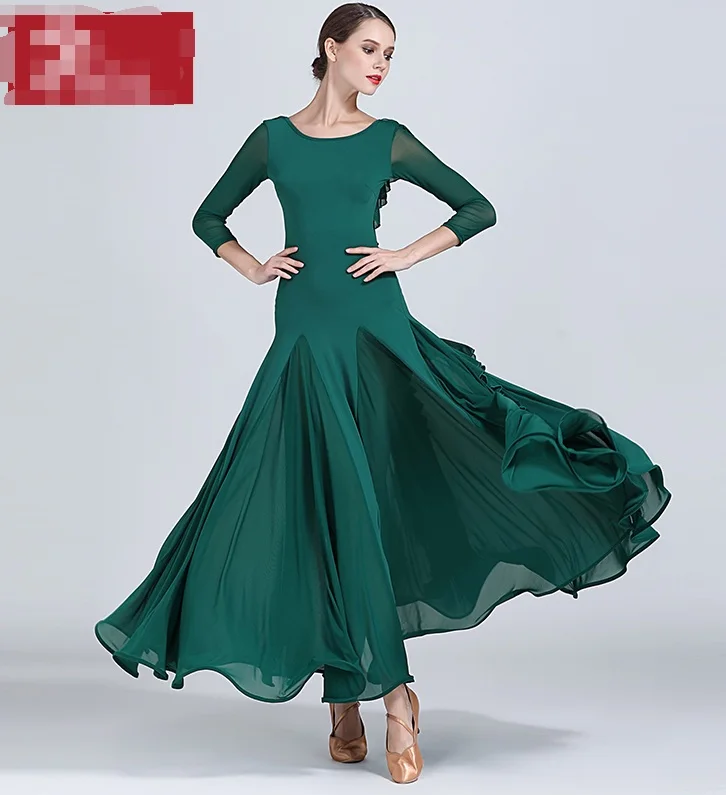 Ballroom Dance Competition Dresses  High Quality Long Sleeve Flamenco Skirt Women Stage Ballroom Dress red green yellow S9035