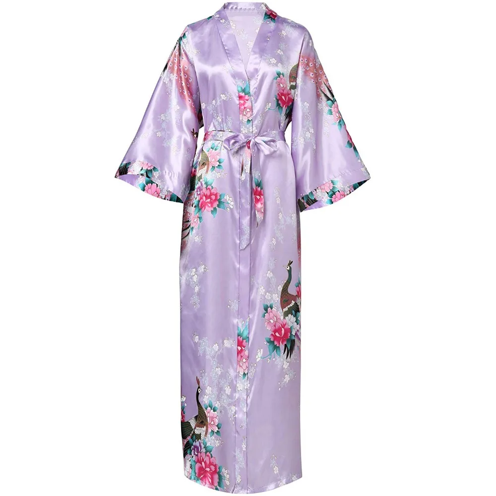 Classic Chinese Female Evening Robes Print Peacock Nightwear Kimono Robe Bath Gowns Sexy Satin Long Robe Plus Size Home Dress