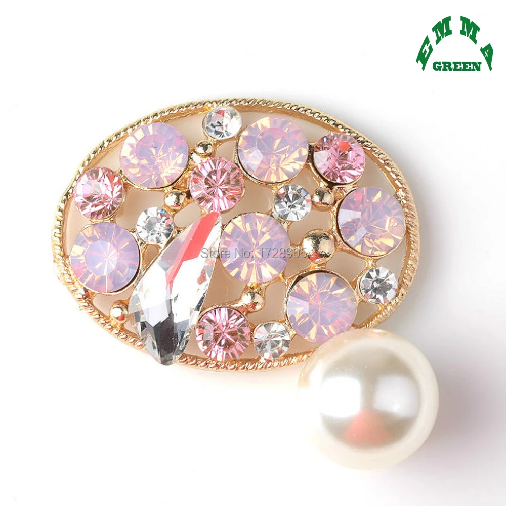 Pink Crystal colorful flower with pearl decorative buttons Embellishment 5pcs 39x41mm AB glass rhinestone metal button sew on