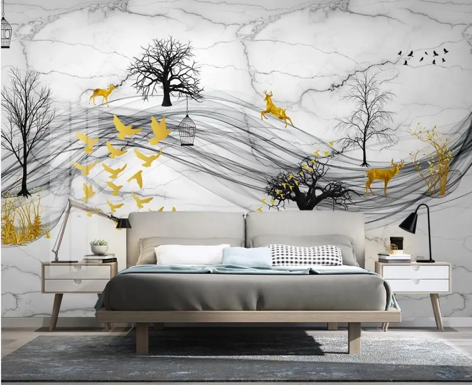 

Modern Custom 3D Wallpaper Nordic forest elk abstract smoky bird TV background wall painting Personality Wall Mural Wallpaper