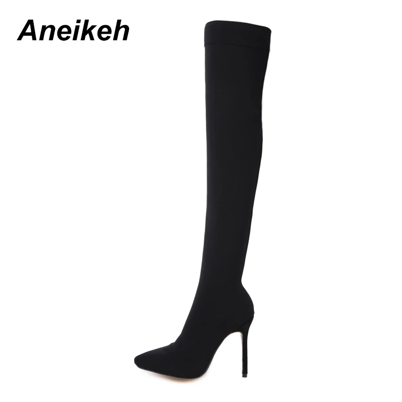 Aneikeh 2024 moda tessuto elasticizzato calzino stivali punta a punta tacco sopra il ginocchio coscia alta donna Boot botas mujer codice scarpa 41 42