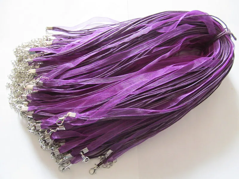 Free Shipping 20pcs 18inch Deep Purple Organza Ribbon Wax Cotton Necklace Cord,Extender Chain,Lobster Clasp,DIY Accessory